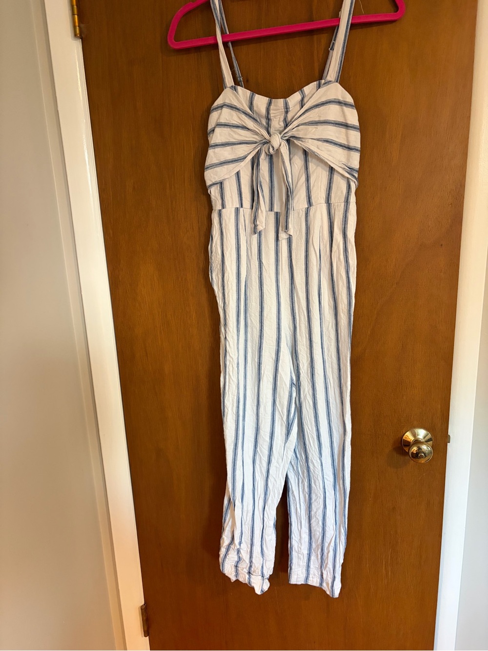 Abercrombie & Fitch Striped Tie-Front Jumpsuit in White & Blue